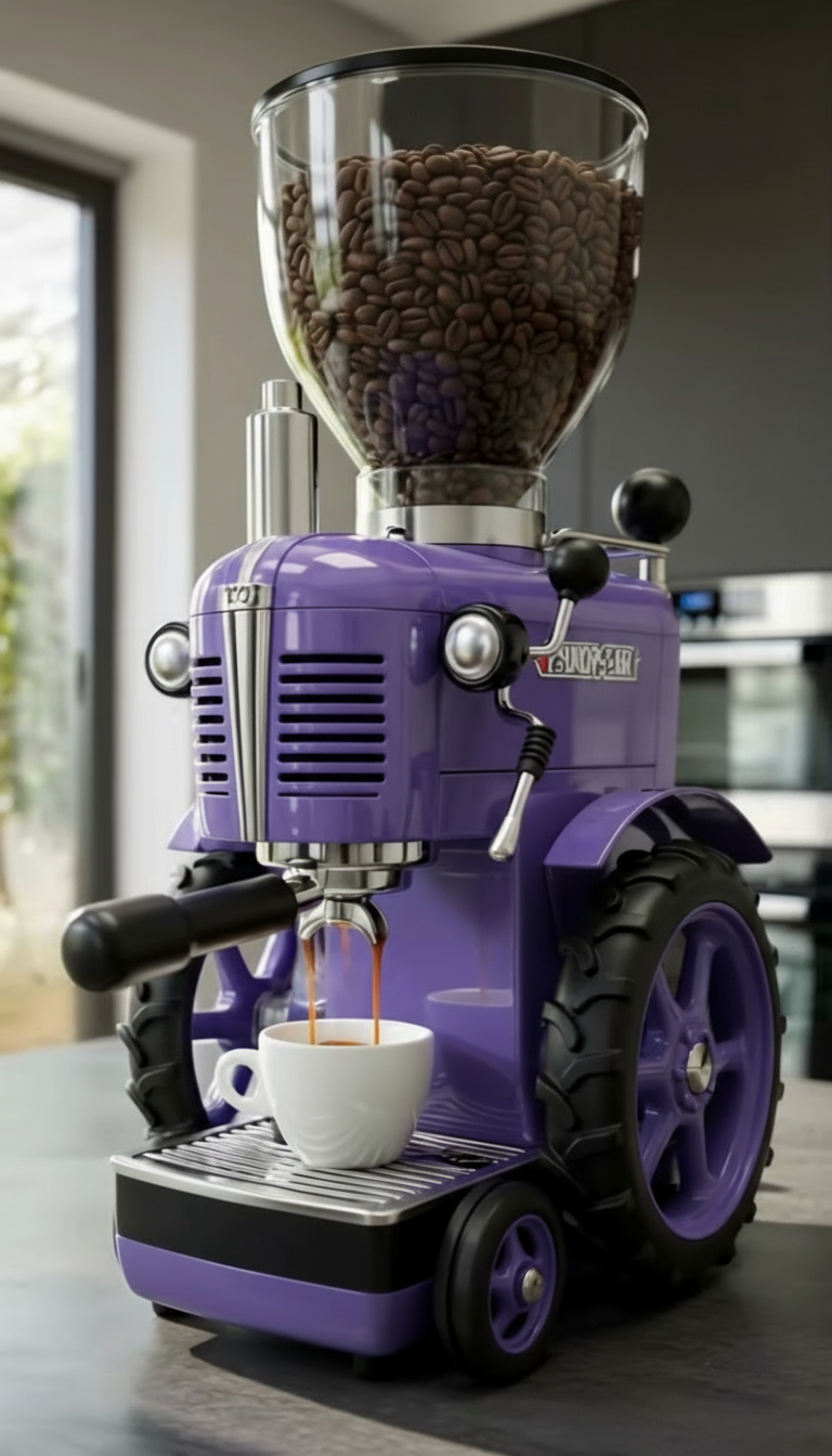 Purple coffee grinder with a glass container of coffee beans and a cup of coffee being brewed.